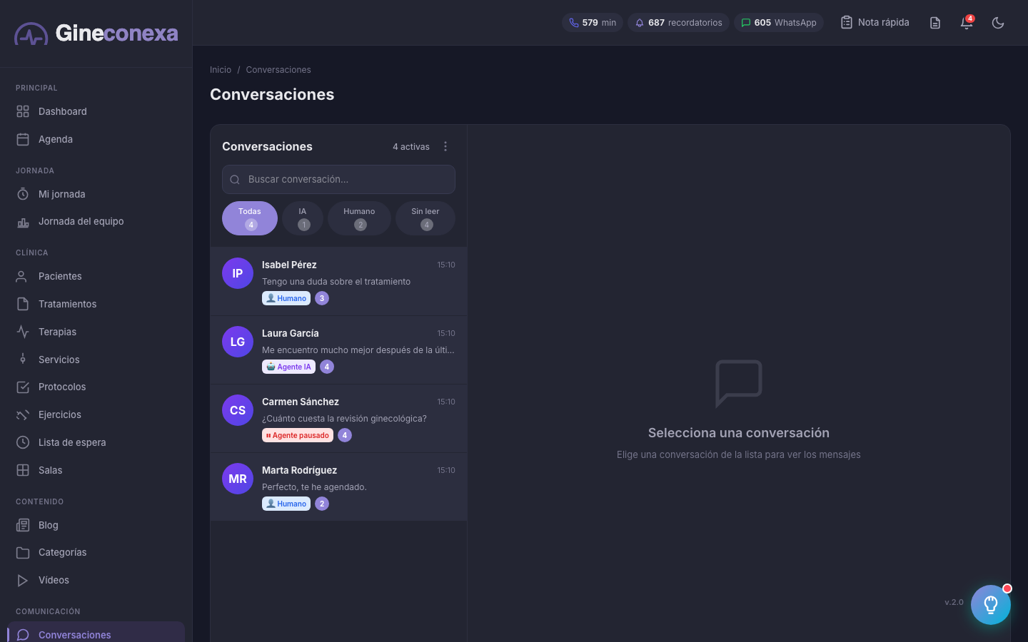 Agente IA gestionando conversaciones — Gineconexa